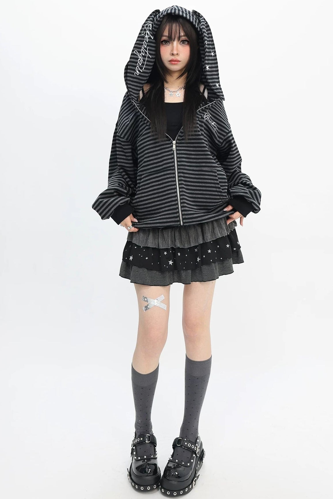 ボーダーラビットイヤーフードジャケット