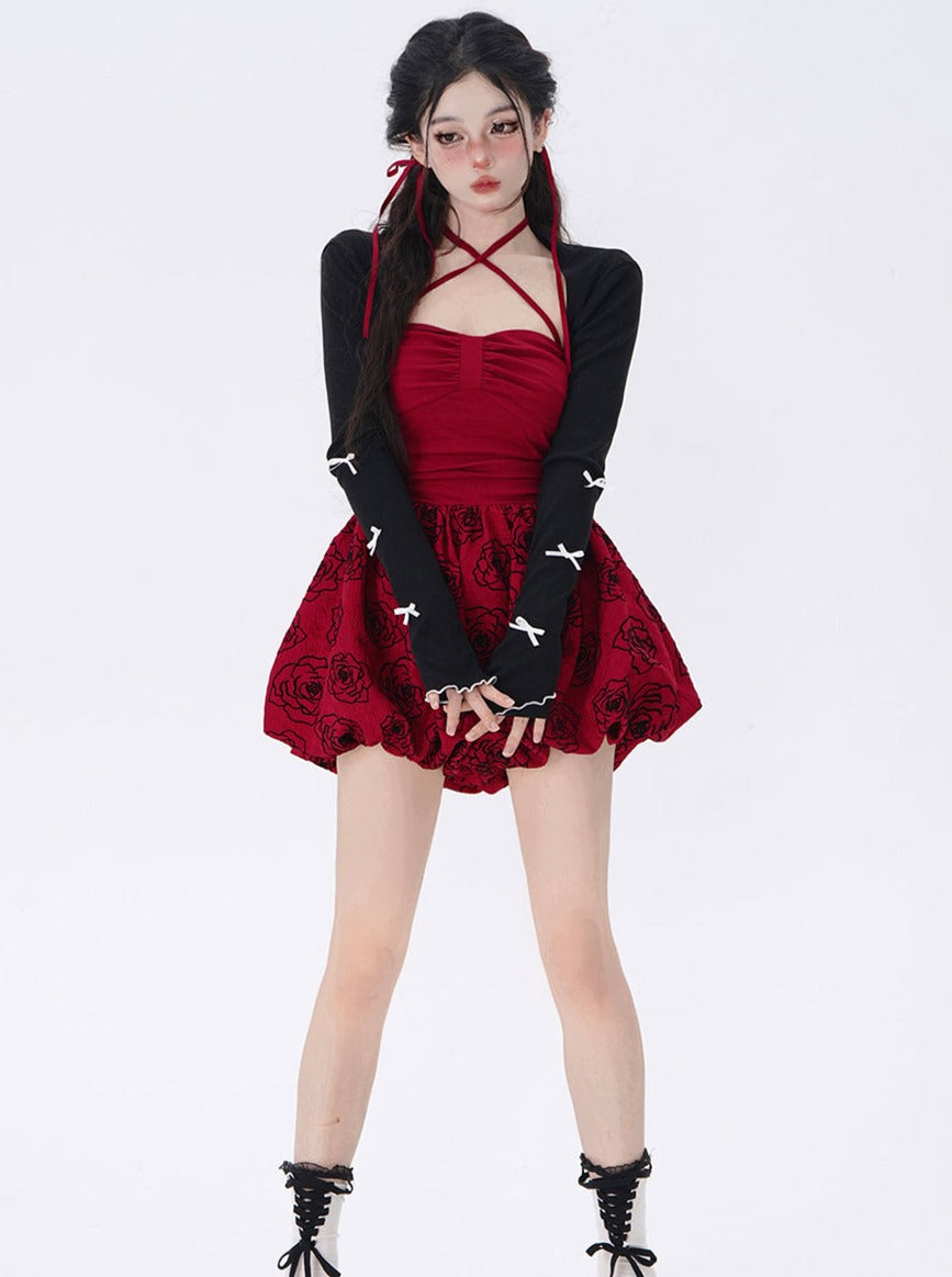 Dark Night Rose Red Suspended Dress + Ribbon Cardigan