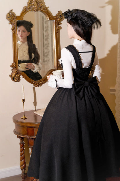 [Reservations] Dark Gothic Doll Long Suspender Lolita Skirt + Big Ribbon Tail + Ruffle Shirt + Ruffle Collar