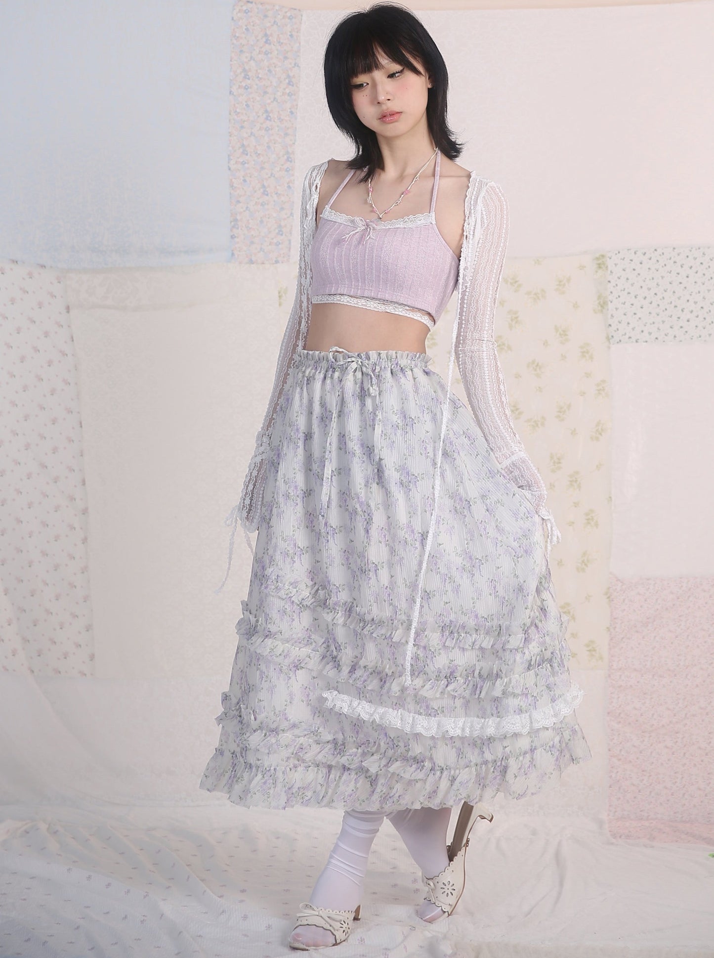 High waist drilling flower long skirt