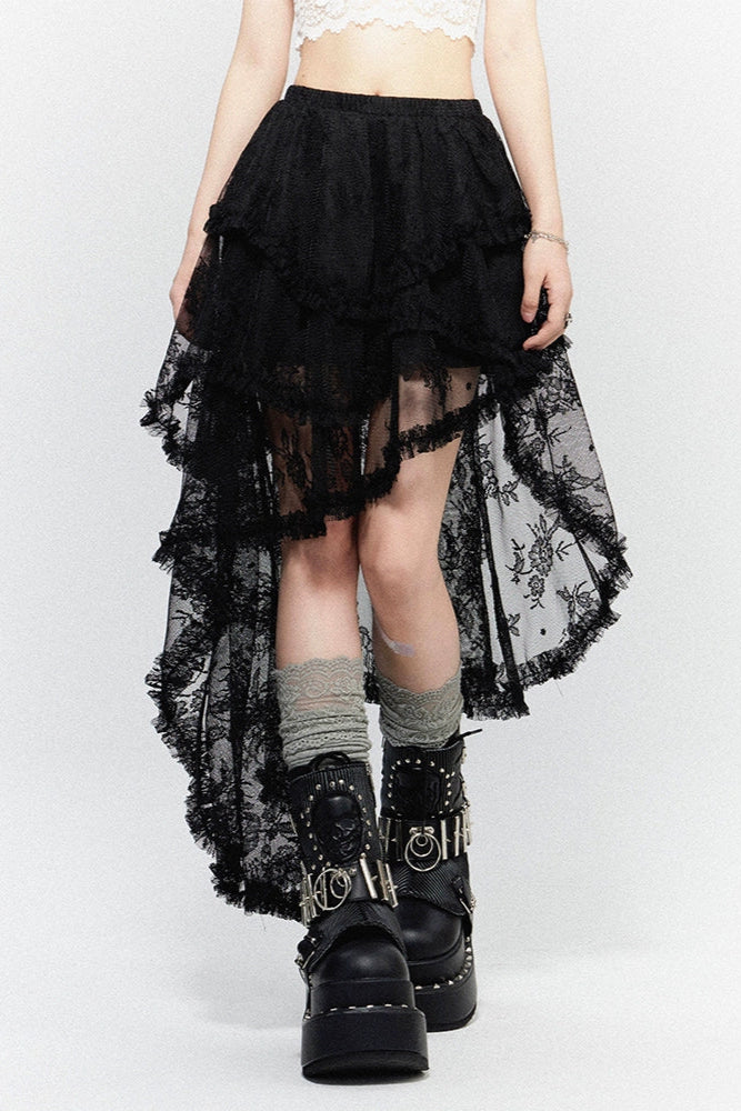 Sheer Asymmetrical Design Lace Skirt