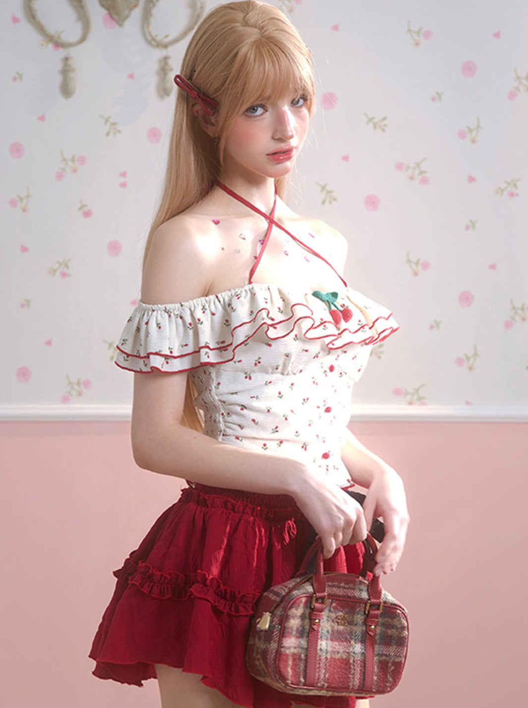 Sweet Cherry One-Shoulder Top + Short Skirt + Cake Shorts