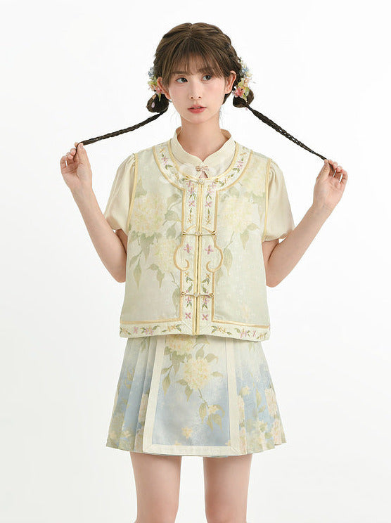 Chinese Jacquard Puff Sleeve Shirt + Vest + Skirt