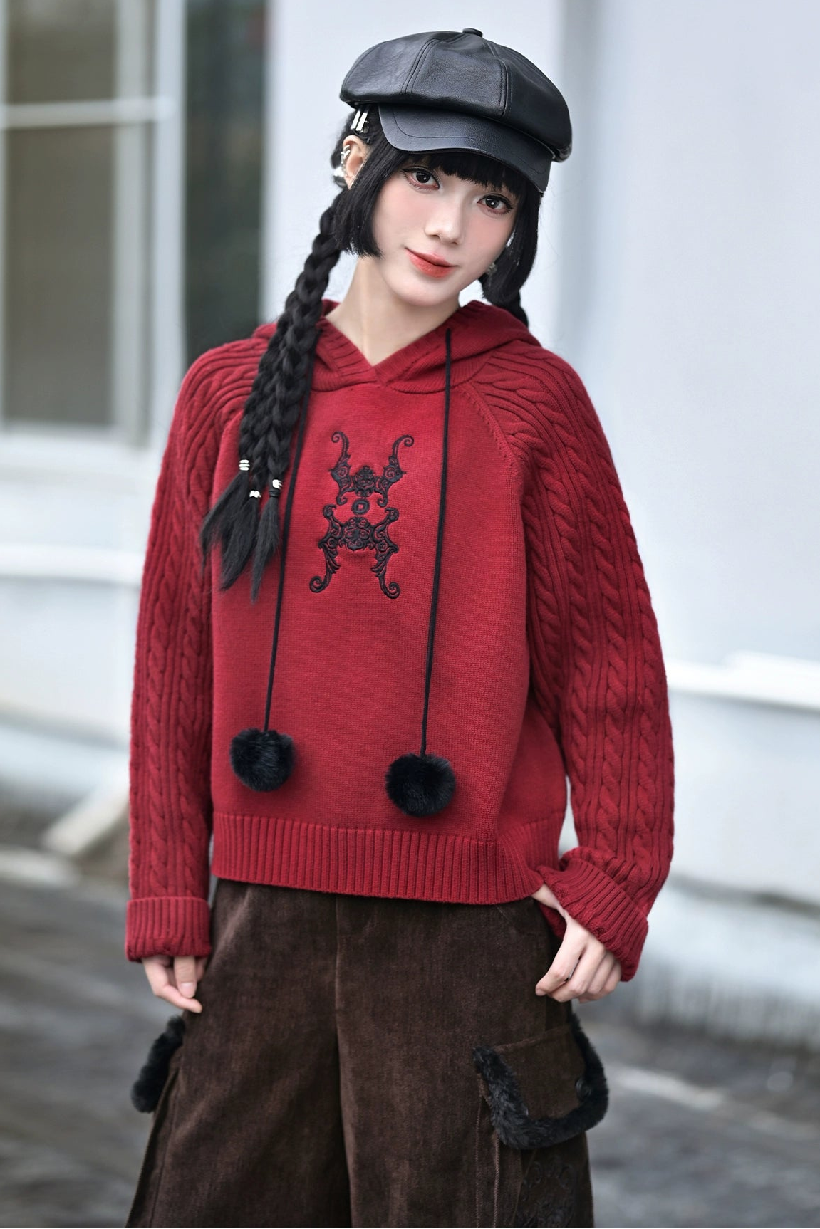 フーバットダークレッドニットフードパーカー