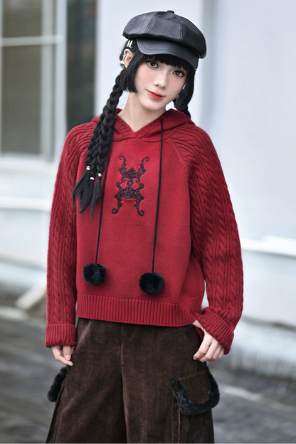 フーバットダークレッドニットフードパーカー