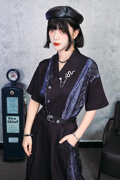 アシンメトリーカラーチャイナスネークプリントシャツ