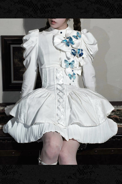 [Reservierungsschluss 14. Oktober] Schwarz-weißes Gothic-Lolita-Minikleid mit Schmetterlingsschleife, Bandkragen und Schnürung am Rücken