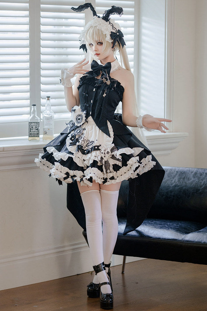 【2月13日予約締切】ブラックホワイトゴシックアリスラビットフリルビスチェトップメイドスカートドレスセット＋アクセサリー