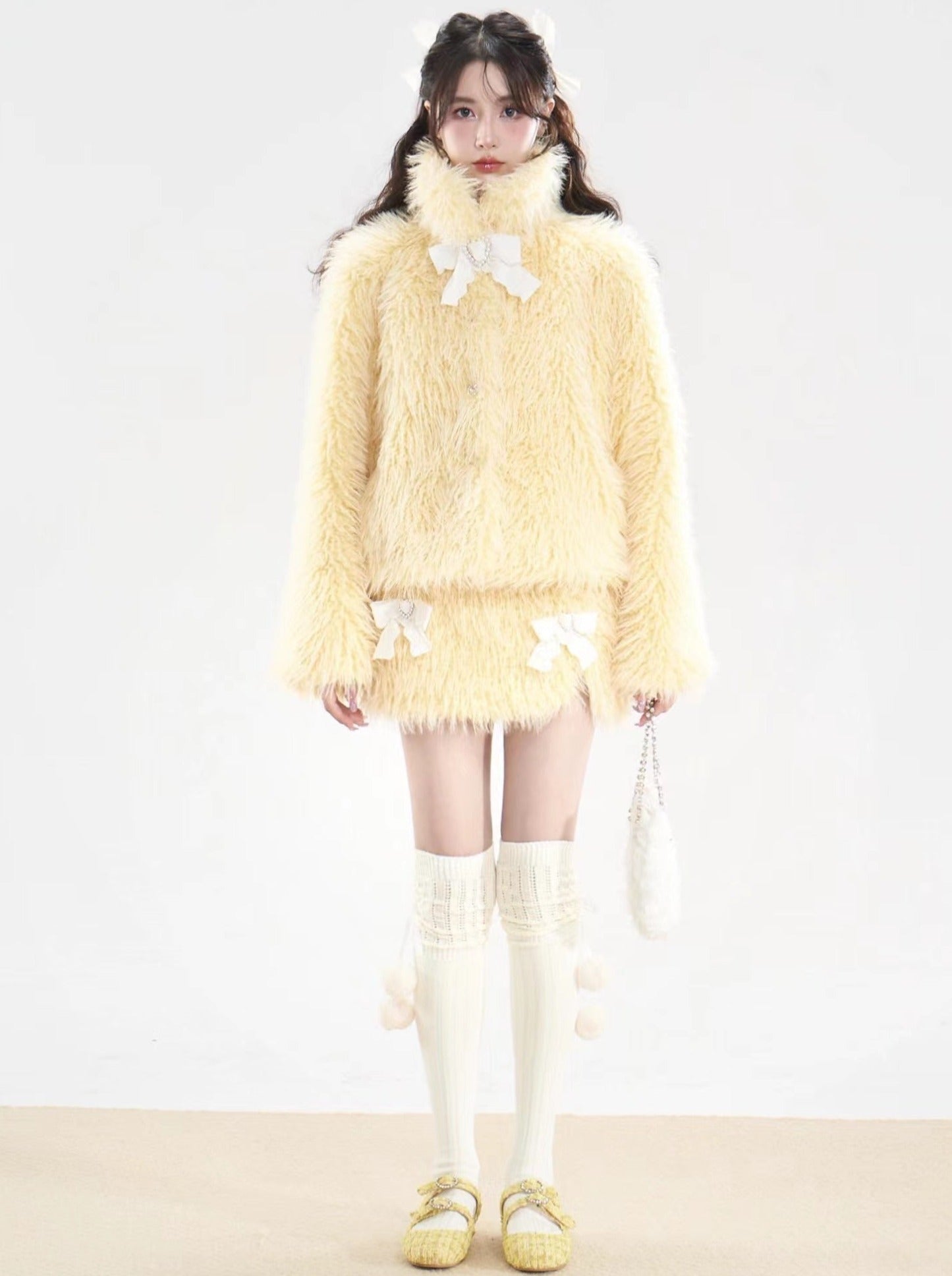 Milky Yellow Fur Coat + Fur Ribbon Skirt