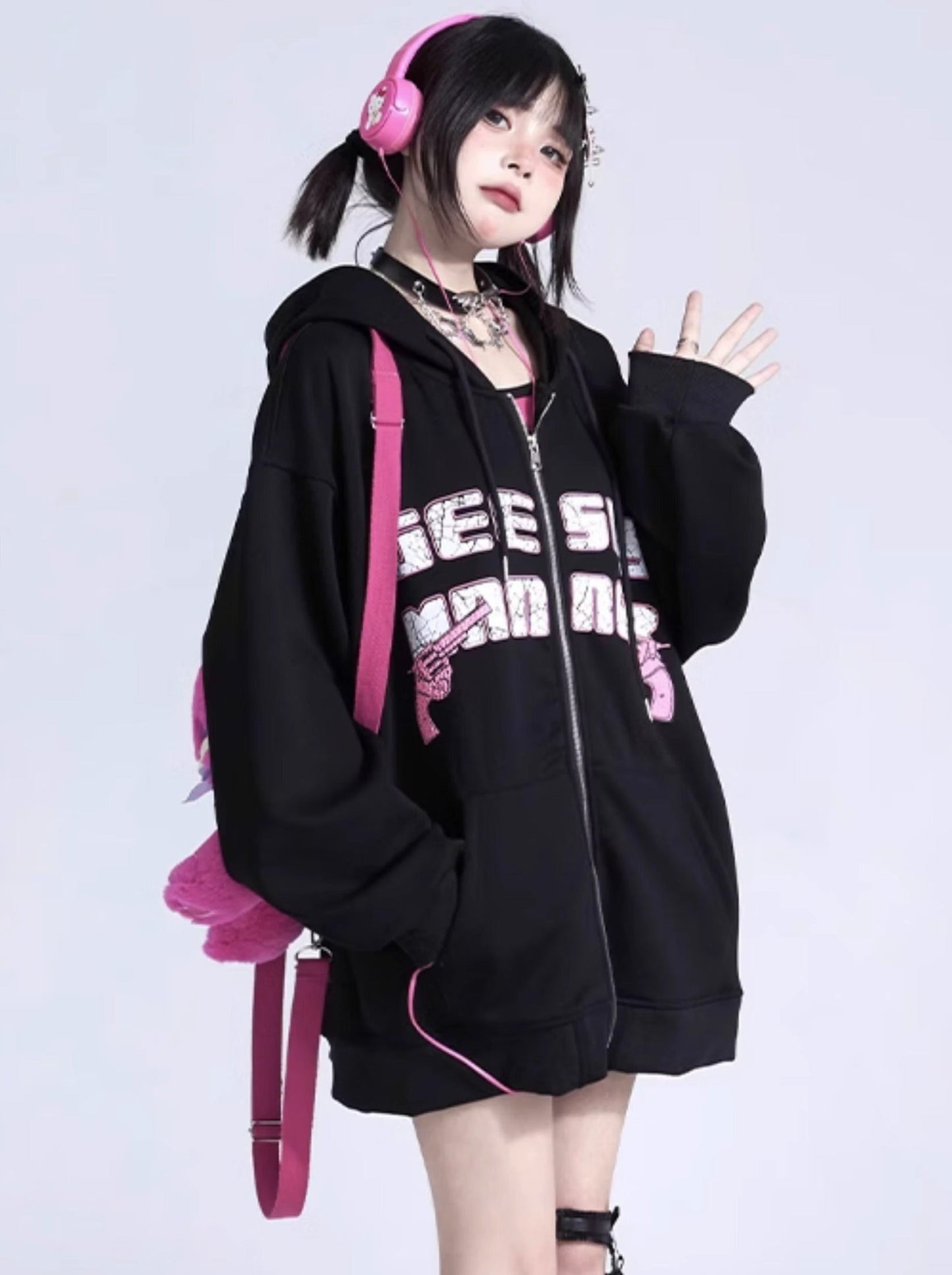 Black Letter Print Oversized Hoodie Jacket