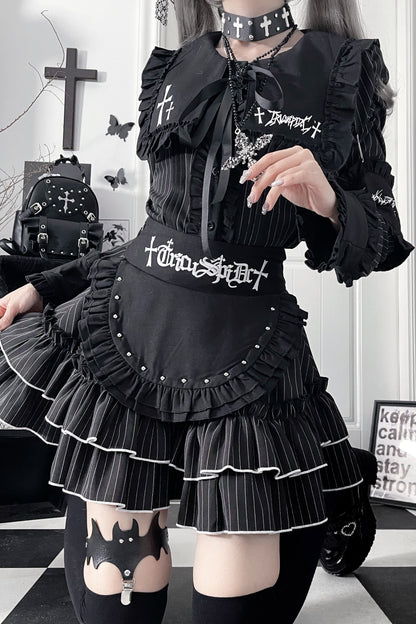 ライトアジアダークスリムロングスリーブトップス+フェイクエプロンショートスカート