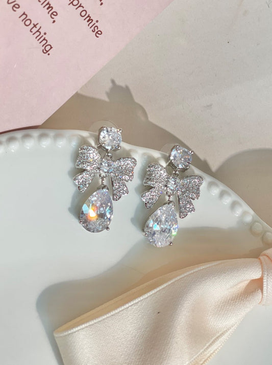 Mito's homemade signature sweet girl zircon delicate glitter bow water drop temperament versatile 925 silver pin earrings ear clip