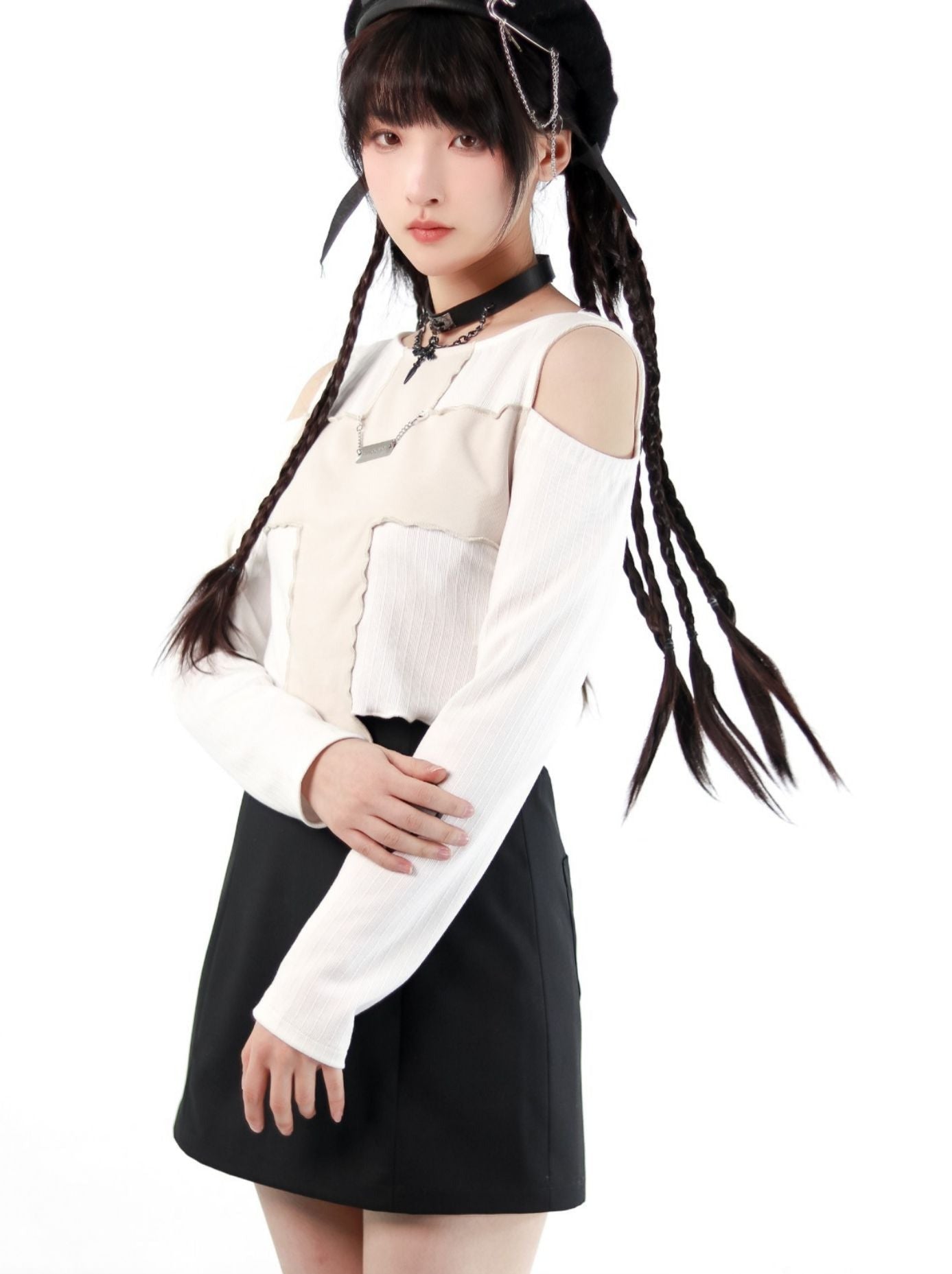 American High School Jacket Suspender Skirt + Cross Off-Shoulder Knit & Skirt