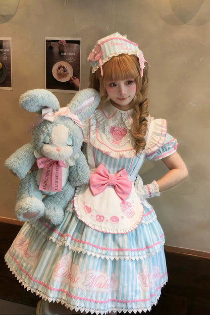 【6月18日予約締切】ピンク/ ブルー/ブラックスイートメイドロリータキャンディストライプティアードドレス＋ドレスセット1/2/3