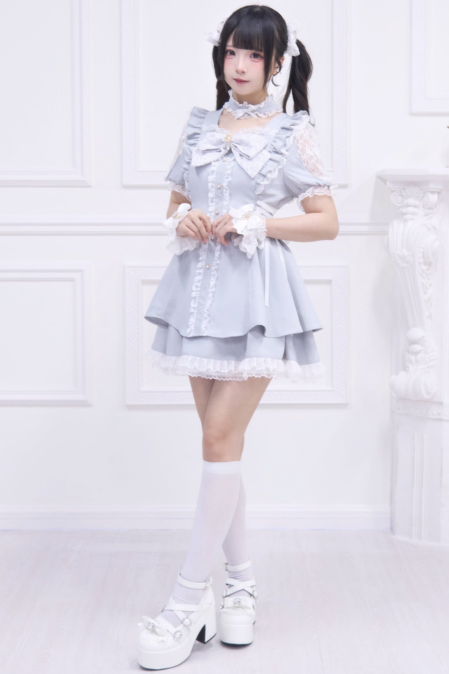 Mine striped lace puff sleeve top + short skirt