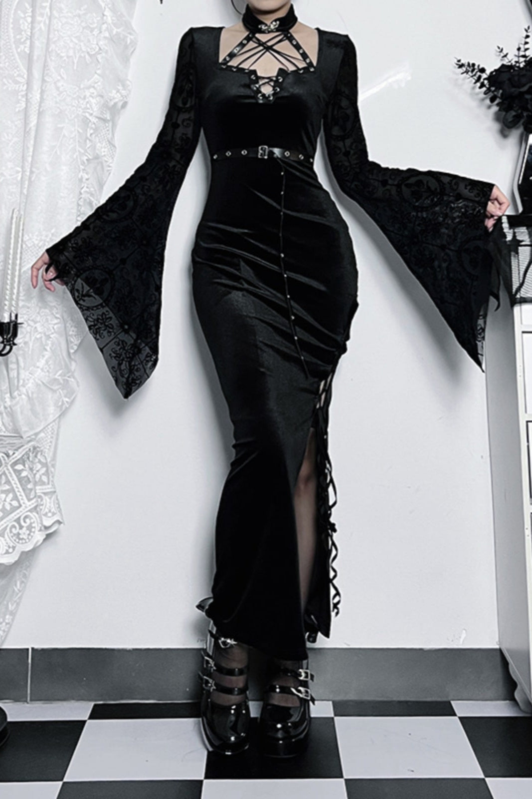 Vintage Gothic Slit Suede Dress