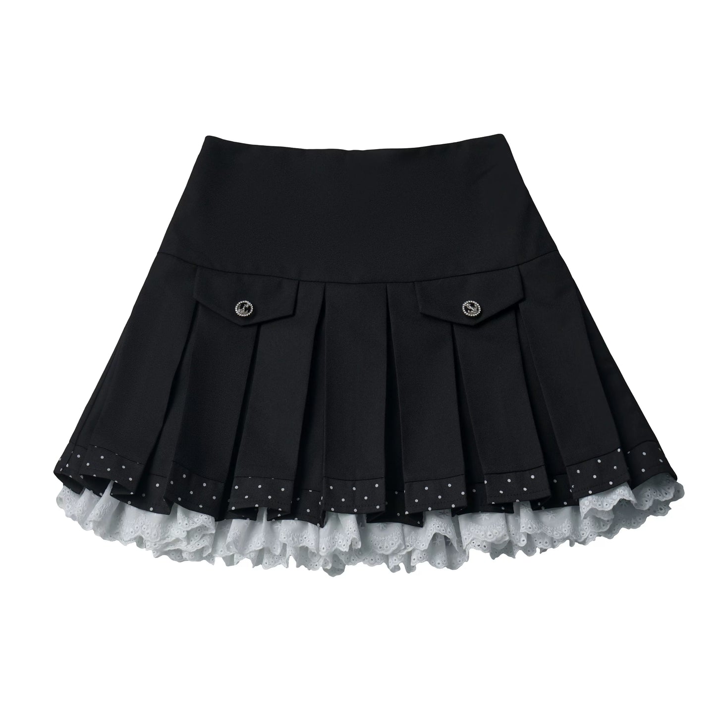 haut à ruban monochrome + mini-jupe à pois en dentelle