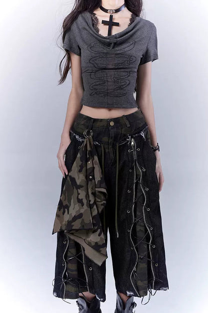 カモフラージュディストレストクロップドパンツ+スカーフ