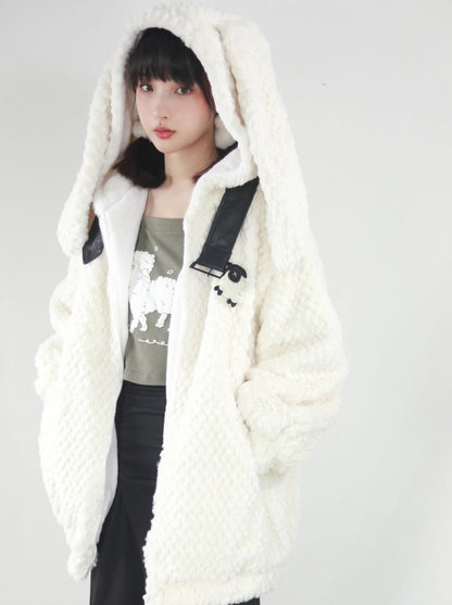 Bunny ears hoodie & sailor faux fur coat + off the shoulder sheep print top + skirt