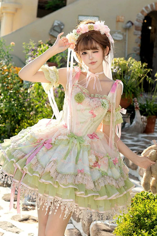 [Clôture des réservations le 10/8] Robe lolita corset à volants en dentelle florale rose x vert doux + ensemble complet (coiffe couronne florale avec voile + manches amovibles)