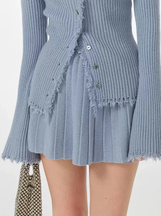 Ice blue ribbed cardigan top + flared skirt
