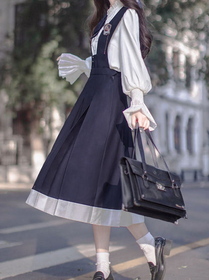 College Style Retro Elegant Ruffle Chiffon Blouse + Cyan Dress + Beret + Emblem + Tie