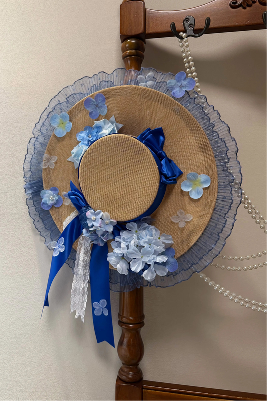 【9月29日予約締切】Blue Floral Print And Embroidered Elegant Lolita Series Accessories（Blue Floral Ribbon Lace Straw Hat/Choker/Two embroidered ribbons to attach to the overskirt）