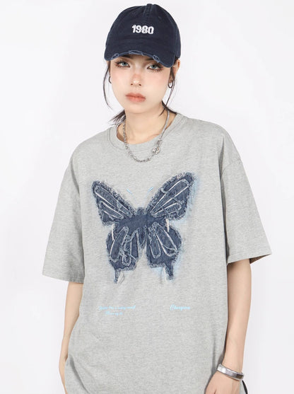 American Retro Butterfly Ergain Broy Dary Over -size T -shirt