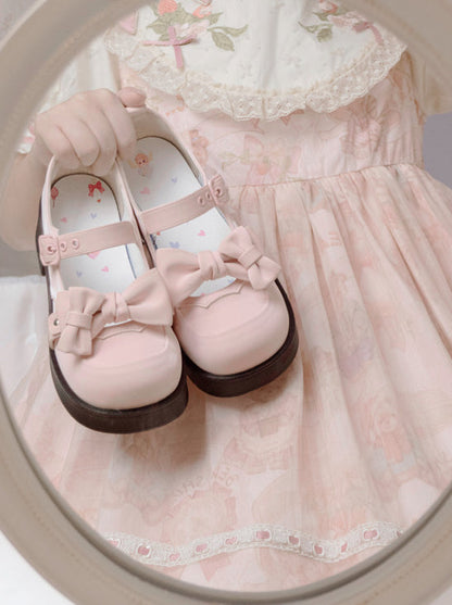 Lolita Sweet Round Toe Mid Heel Ribbon Mary Jane Shoes