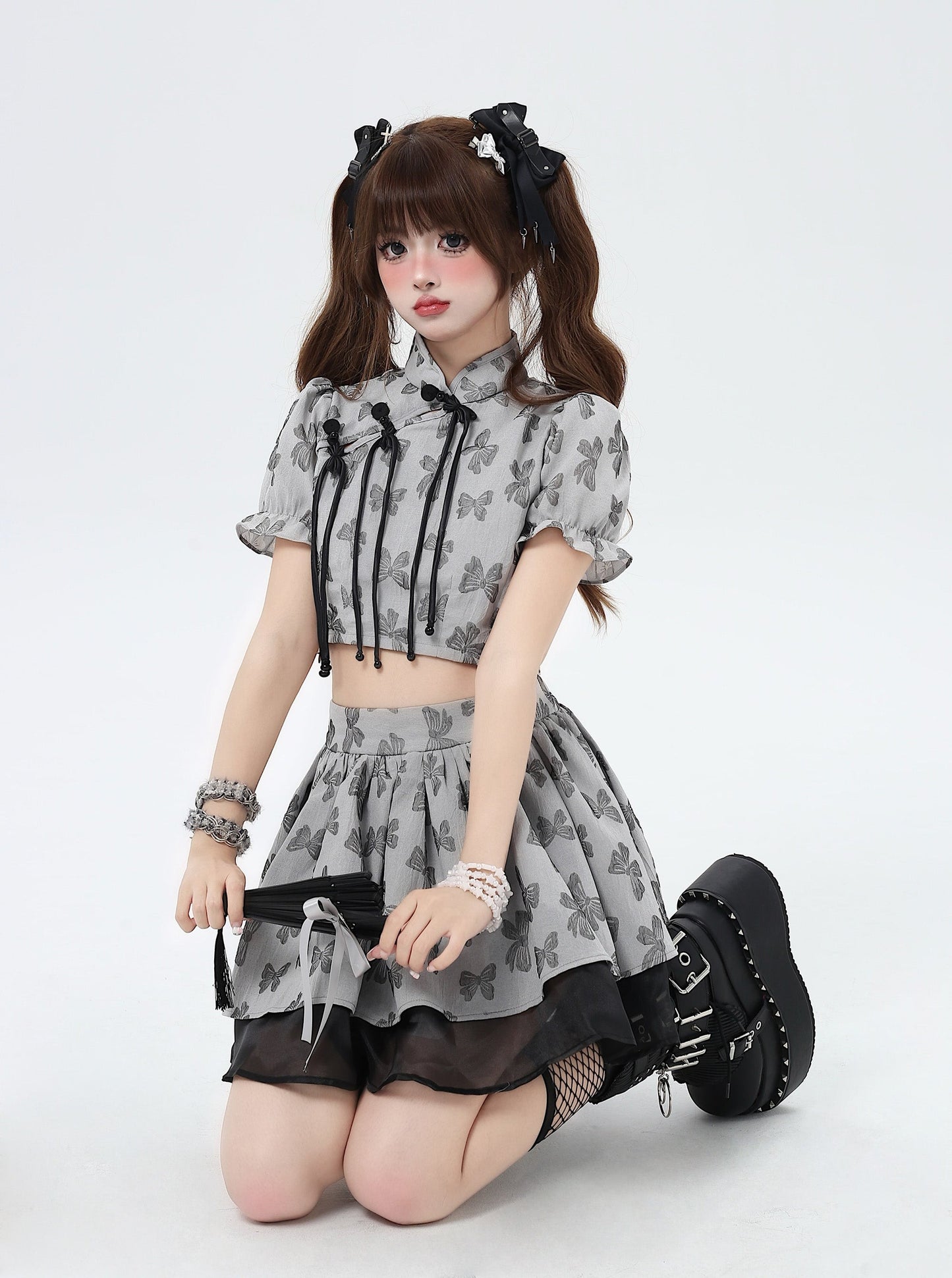 Tea Break A-Line Puff Skirt Floral Sleeve Top Two Piece Summer Set