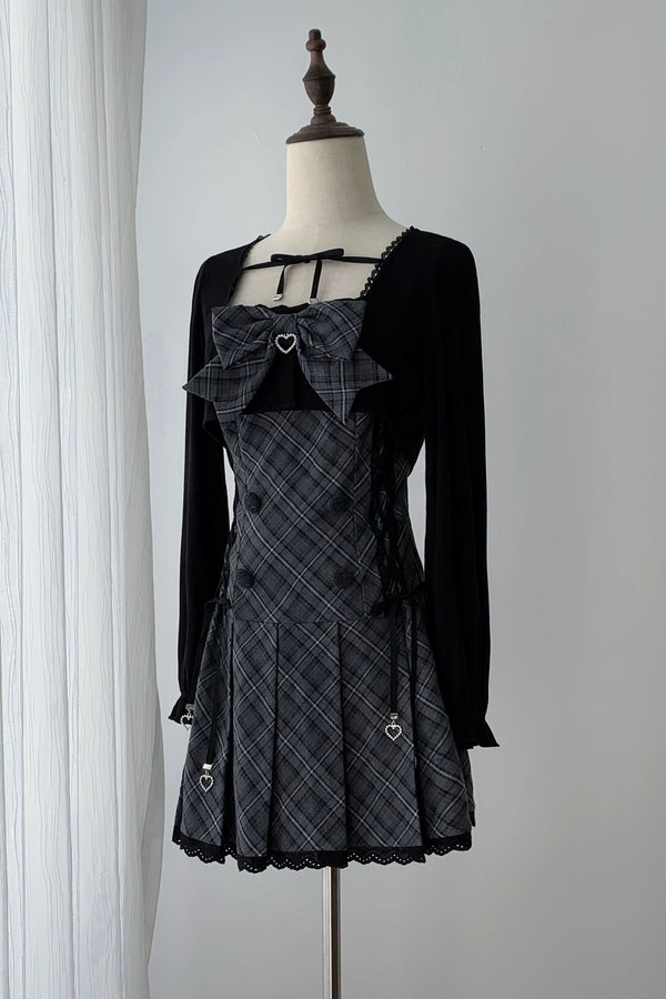 [Pre-order Deadline: September 29] Black and Gray Plaid Heart Charm Ribbon Pleated Dress + Black Bolero Cardigan + Bow Tie Set