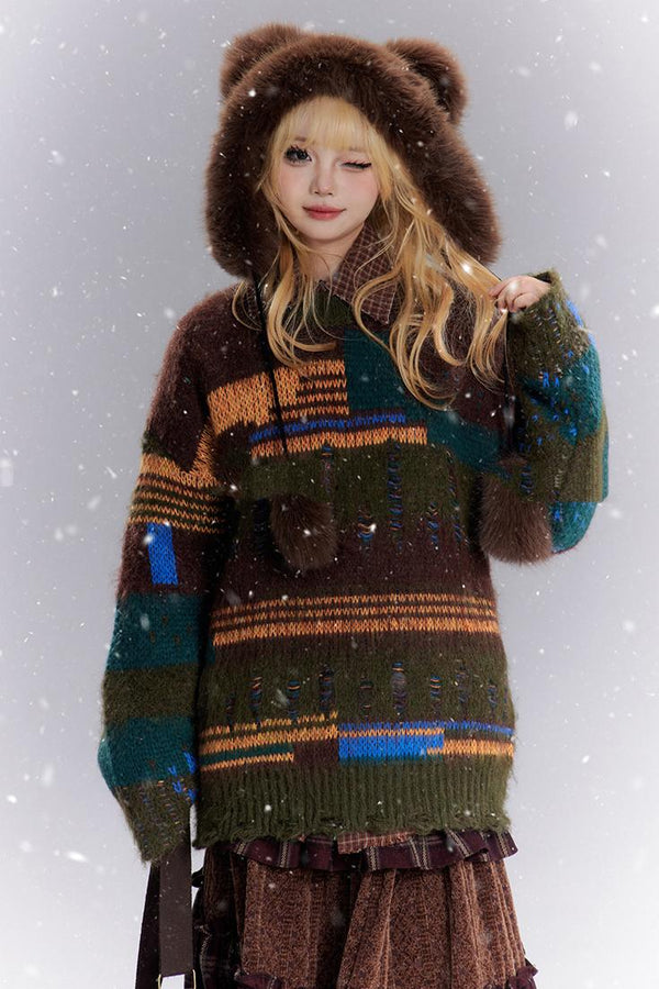 Distressed Contrast Knit Sweater