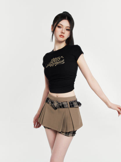 Y2K Cool Spicy Check Belt Inner Pants Inverted Pleated Skirt (Jupe plissée inversée)