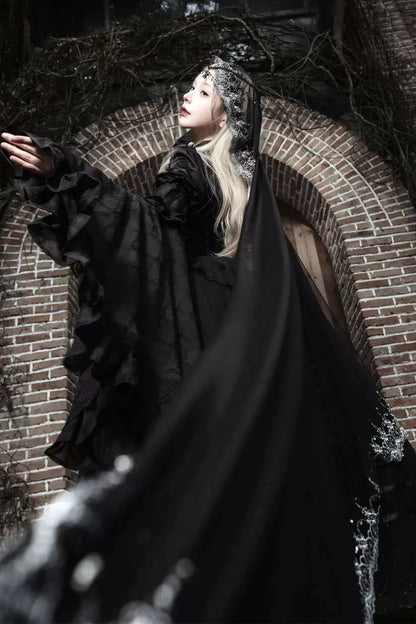 【11月2日予約締切】Born Nocturne Black Gothic Puff Sleeve Lace Layered Long Dress (with Bow Tie) + Embroidered Corset Belt + Detachable Oversized Bell Sleeves