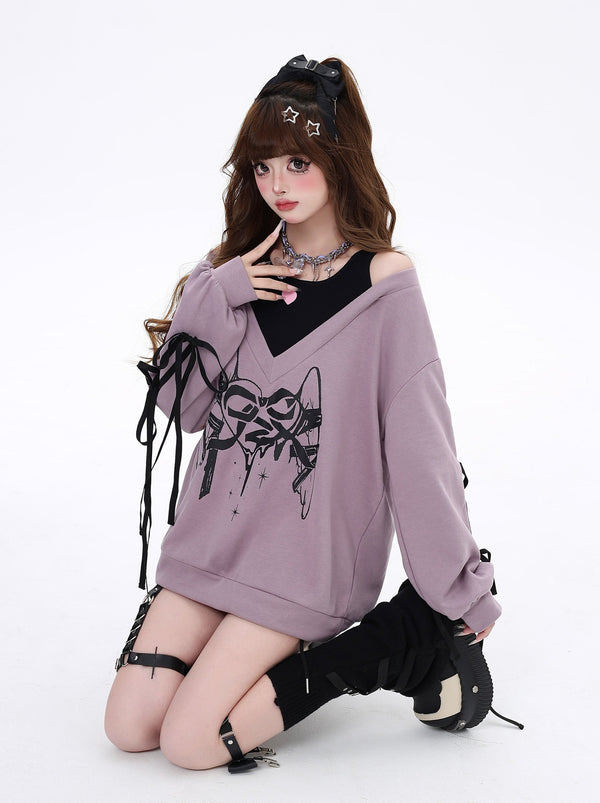 V-Neck Side Ribbon Loose Top