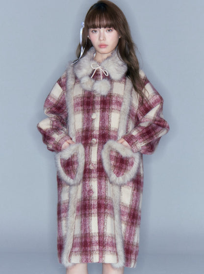 Red wool check long coat