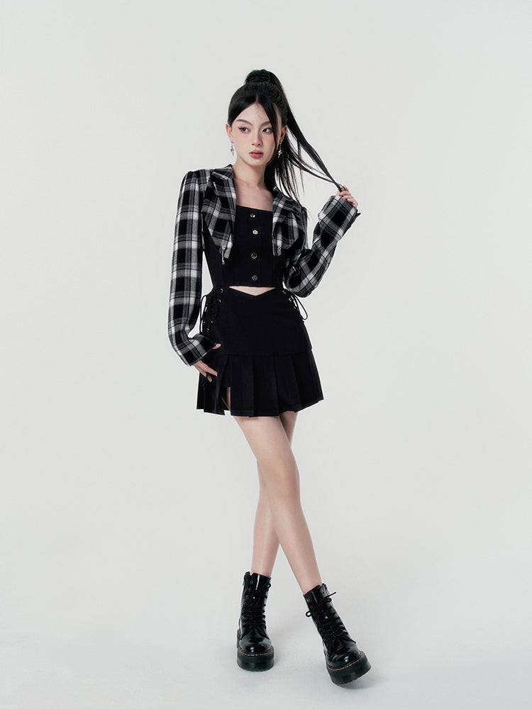 Punk rock lace-up split sass bustier dress + check short jacket