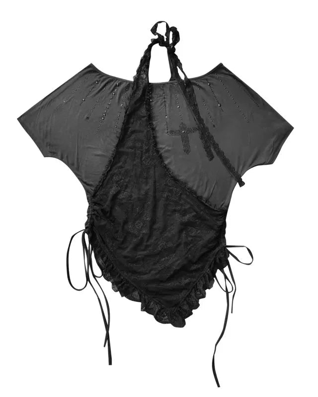 シアーオフショルレースハルタートップス