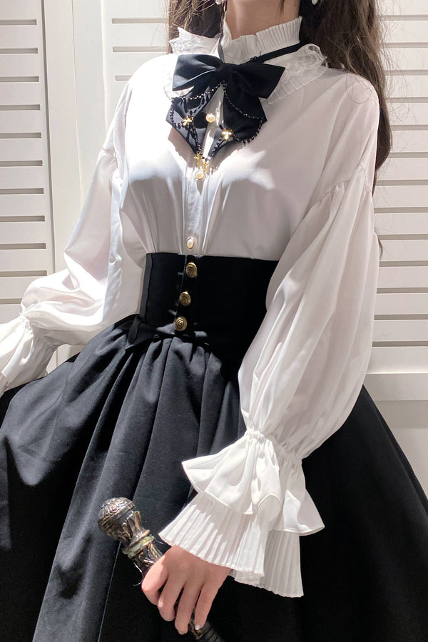 Retro Gothic Style Ribbon Tie Shirt + Irregular Tulle Skirt Suit