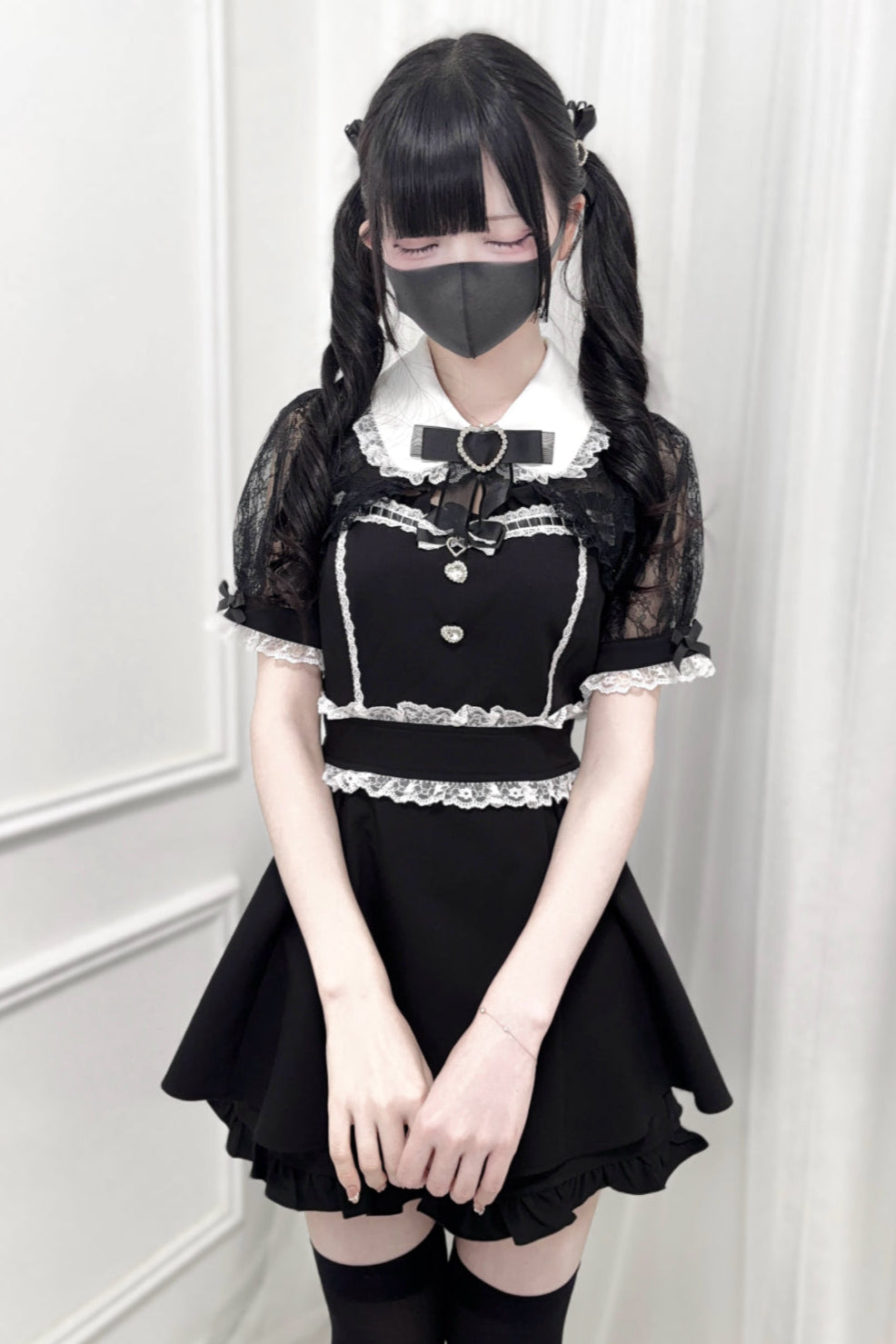 レースショールリボンシャツカラートップス＋ショートパンツ