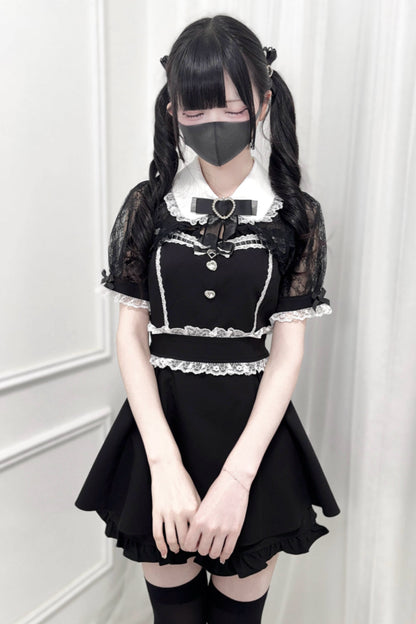 レースショールリボンシャツカラートップス＋ショートパンツ