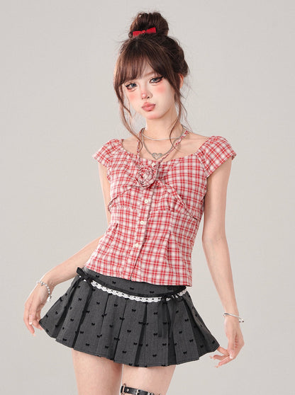 Flying Sleeve Red Gingham Check Top