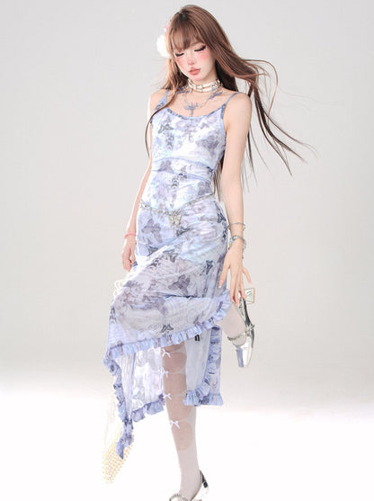 Blue Rose Butterfly Light Sheer Camisole Dress