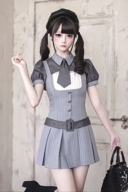 【4月15日予約締切】グレーピンストライプタイカラーショートジャケットドレスフルセット＋ジュエルキャスケット