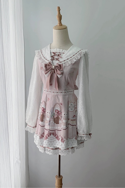 【8月30日予約締切】Pink and white rabbit print lace sailor collar Op dress +pleated dress skirt set＋ 3 Styles of Bow Tie Available