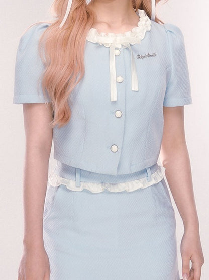 Ice Blue French Girly Top + Tight Skirt