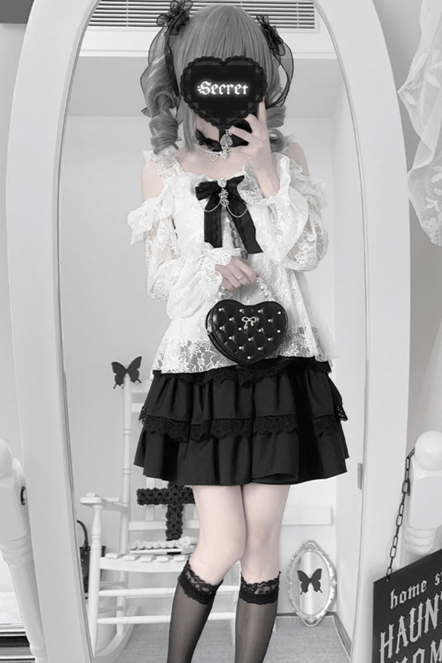 地雷インナーシャツレースリボンノースリーブシャツ+ケーキスカート