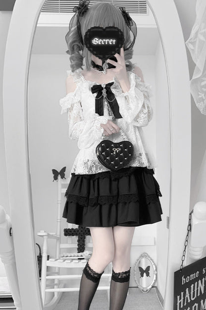地雷インナーシャツレースリボンノースリーブシャツ+ケーキスカート
