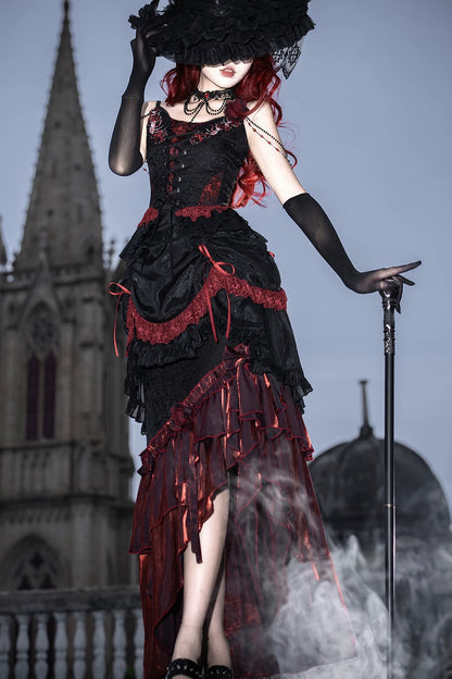 [Pre-order] Red and Black Dark Gothic Lolita Ruffle Slit Long Skirt + Pull-Up Overskirt