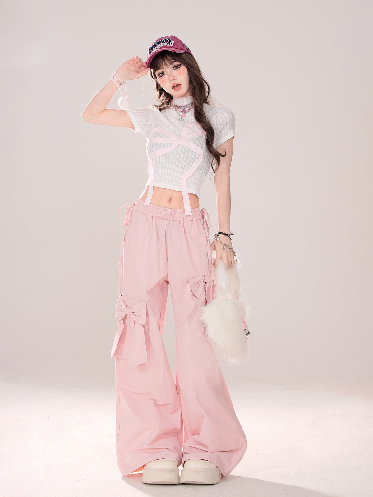 Sweet Pinky Big Bow Loose Pants